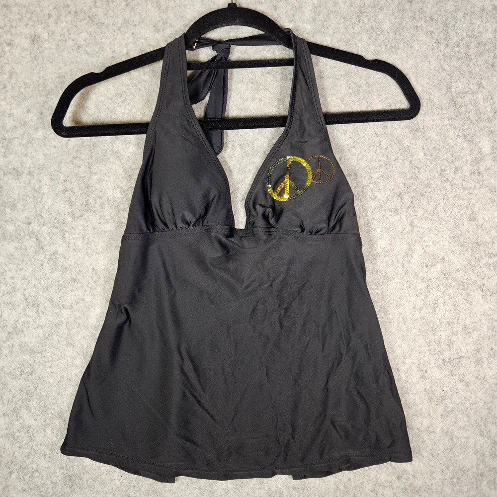 Mudd Womens Black Y2K Tankini Top Sequin Peace Hippie Swim Beach Summer Sz Small - Picture 10 of 10
